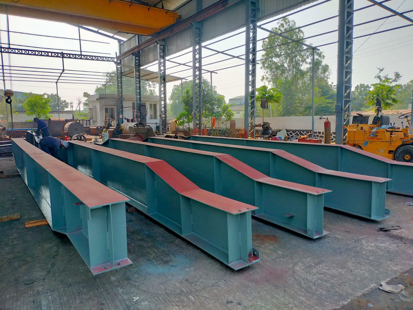 Painted fabricated box girders in the workshop