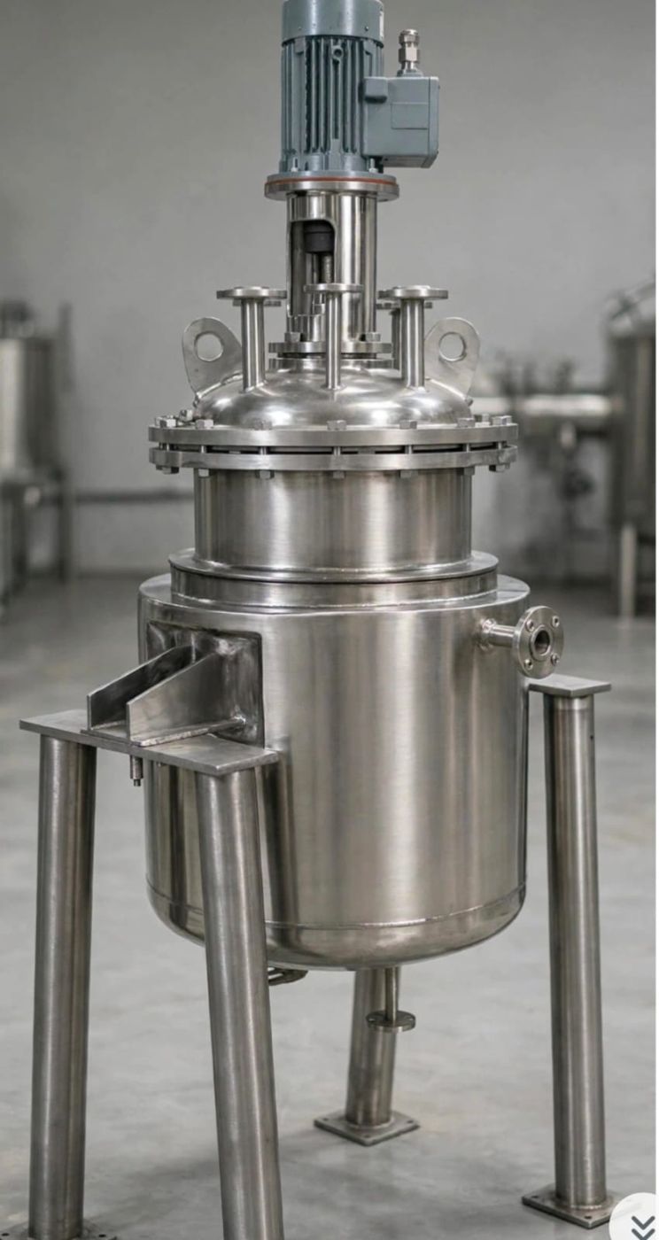 Stainless steel reactor with motor and leg supports