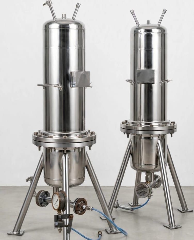 Two stainless steel filter housings on tripod stands